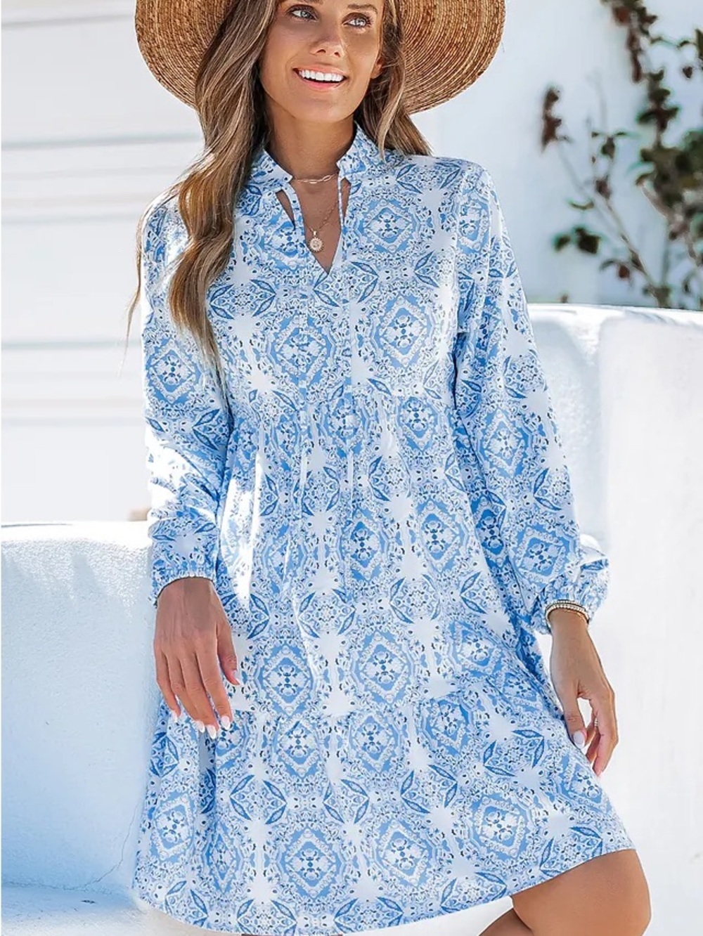 Cupshe Blue V-Neck Puff Sleeve Mini Dress size L Large NWT